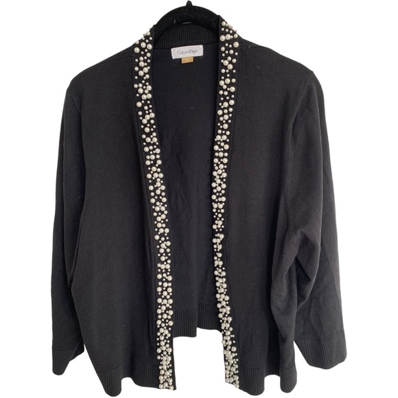 Calvin Klein Black Crop Open Cardigan  Sweater Pearl Collar & Trim  Size 1X - Picture 8 of 13